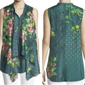 Johnny Was Zen Drapey Sleeveless Silk Floral Blouse